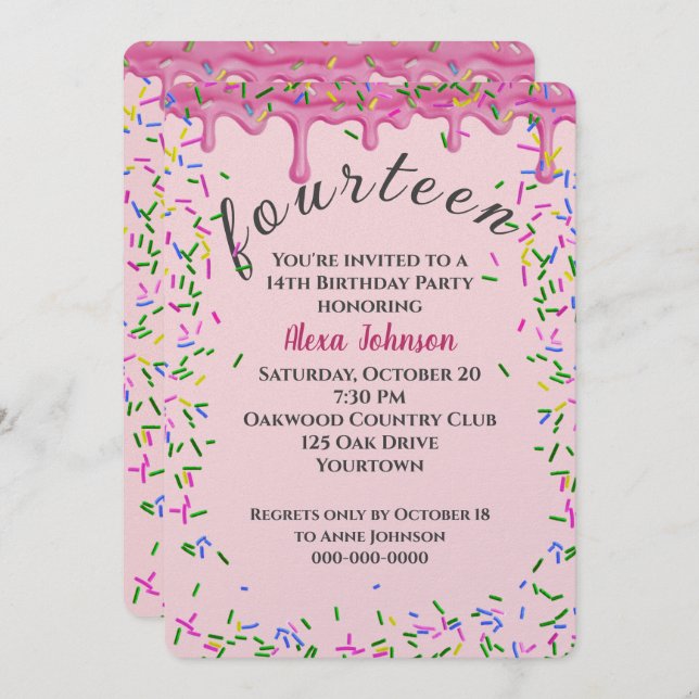 Convite 14 Birthday Pink Iching E Sprinkles (Frente/Verso)