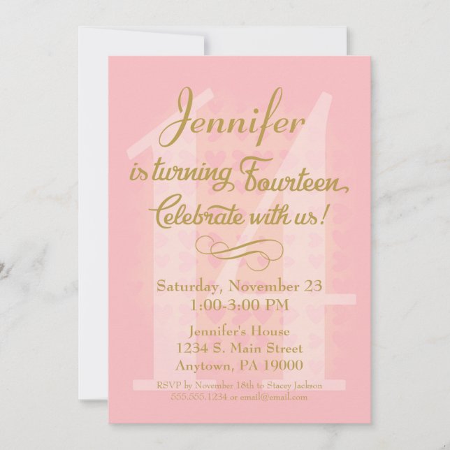 Convite 14 de Aniversário Chamando Raparigas Rosa Dourado  (Frente)