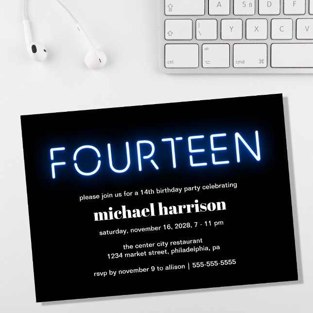 Convite 14 Festa de aniversário Luzes azuis de neon (Criador carregado)