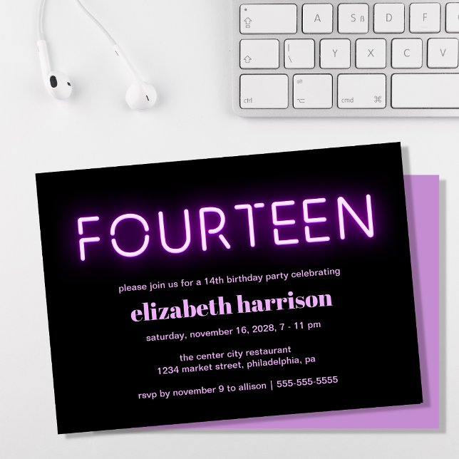 Convite 14 Festa de aniversário Luzes de neon roxas (Criador carregado)