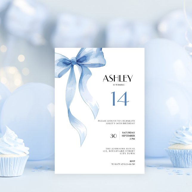 Convite 14th Birthday Invitation Blue Bow for Teen Girls (Blue bow coquette 14th birthday invitation for girls)