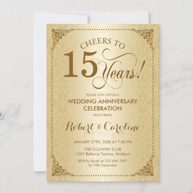 Convite 15º Aniversário de Casamento - Damask Dourado (Frente)