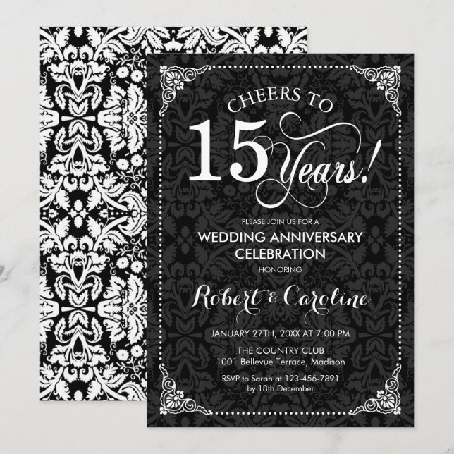 Convite 15º Aniversário de Casamento - Damask Preto Branco (Frente/Verso)