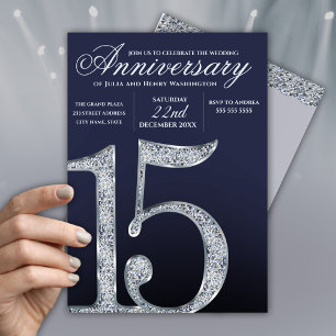 Convite 15º Aniversário Diamante Prata Azul Escuro Anos