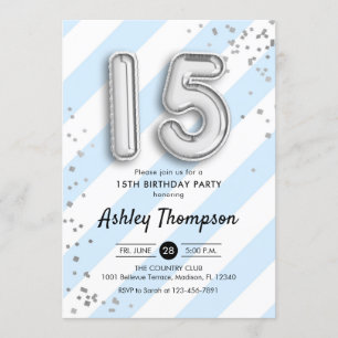 Convite 15 Aniversário - Balões de Prata com Stripes Azuis