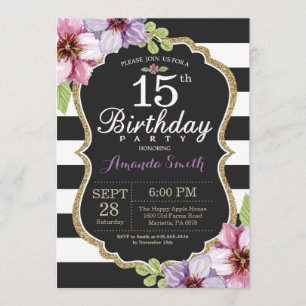 Convite 15 Aniversário de Mulheres. Preto Dourado Floral