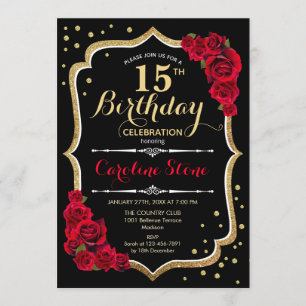 Convite 15 - Aniversário - Rosas vermelhas Douradas preta