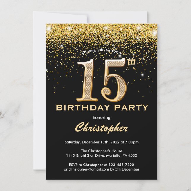 Convite 15 Birthday Black and Dourado Glitter Confetti (Frente)