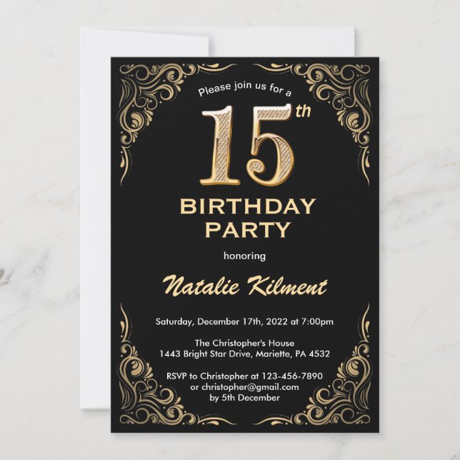 Convite 15 Birthday Black and Dourado Glitter Frame (Frente)