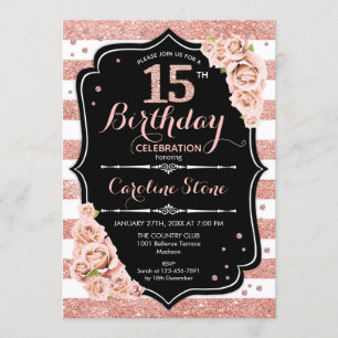 Convite 15 Birthday Black Rosa Dourado e White Stripes
