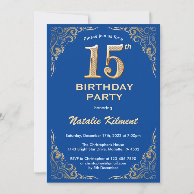 Convite 15 Birthday Blue e Dourado quadro Glitter (Frente)