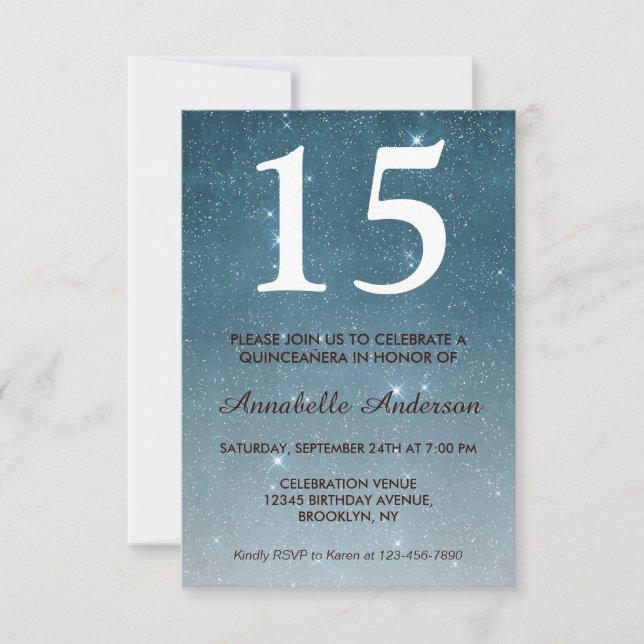 Convite 15 Birthday Blue Midnight Sky Stars Quinceañera (Frente)