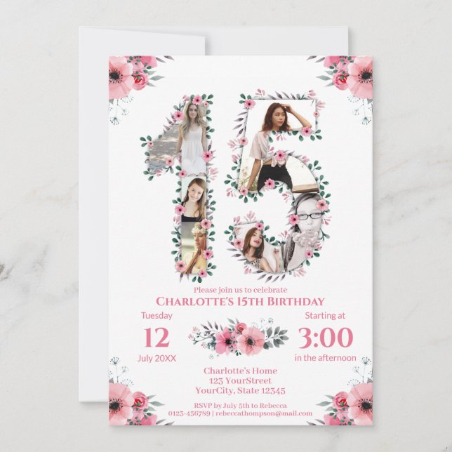 Convite 15 Birthday Girl Foto Collage Pink Flower White (Frente)