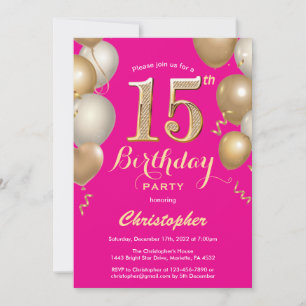 Convite 15 Birthday Hot Pink e Balões Dourados Confetti