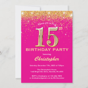Convite 15 Birthday Hot Pink e Dourado Glitter Confetti