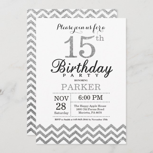 Convite 15 Birthday Invitation Silver Glitter (Frente/Verso)
