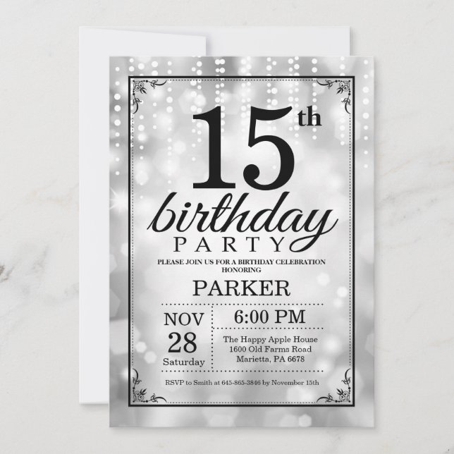 Convite 15 Birthday Invitation Silver Glitter (Frente)