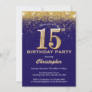 Convite 15 Birthday Marinho Azul e Dourado Glitter Confett