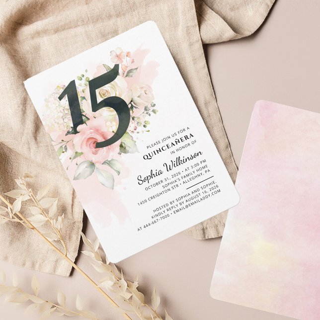 Convite 15 Birthday Quinceanera Eucalyptus Pink Floral (Pink Floral Quinceanera Blush 15th Birthday Party Invitation)