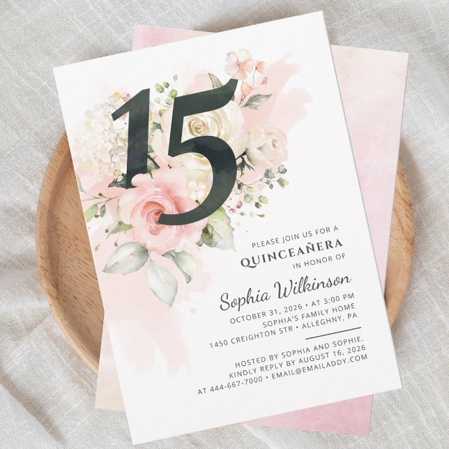 Convite 15 Birthday Quinceanera Russo Aquarela Floral (Pink Floral Quinceanera 15th Birthday Party Invitation)