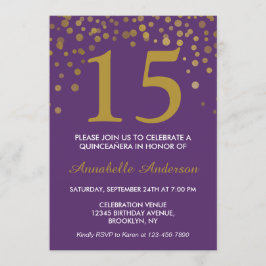 Convite 15 Birthday Roxo Pontos Dourados Quinceañera