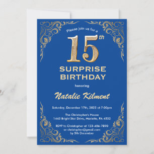 Convite 15 de Aniversário Surpresa Azul e Glitter Dourado