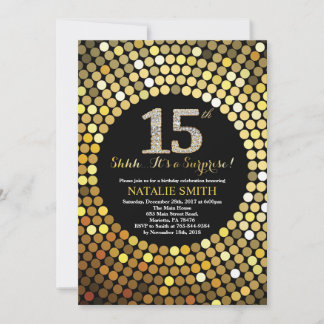 Convite 15 de Aniversário Surpresa Preto e Dourado Brilhan