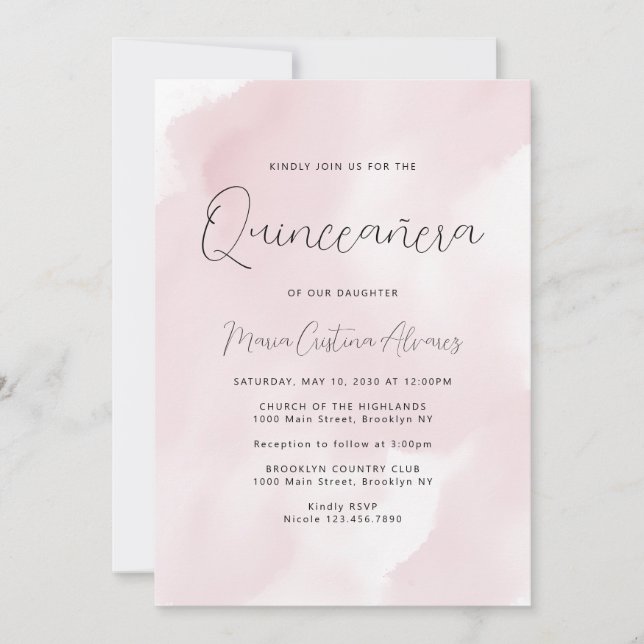 Convite 15 de Aquañera Cor-de-Rosa Cinzenta Quinceañera (Frente)