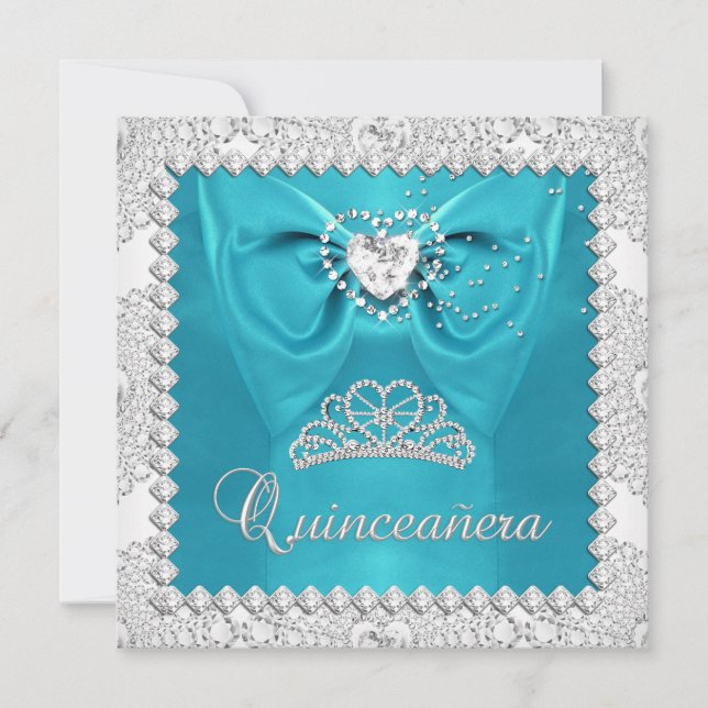 Convite 15 de Quinceanera Branca de Prata Teal (Frente)