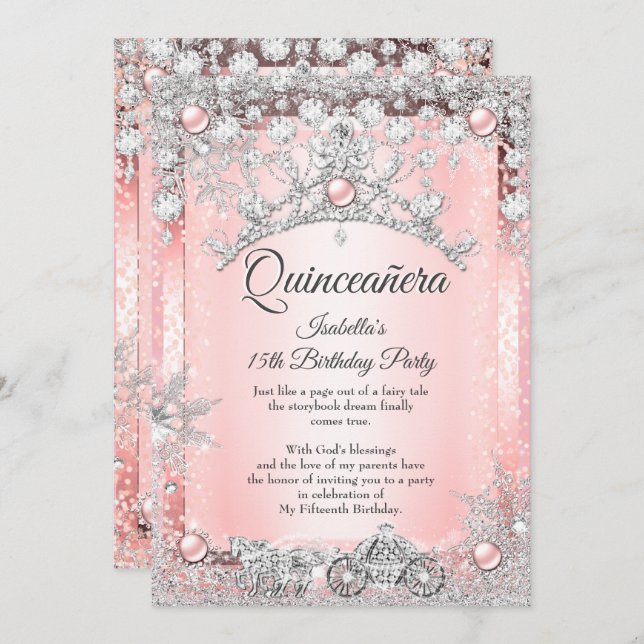 Convite 15 de Quinceanera, cor-de-rosa, Carruagem de inver (Frente/Verso)