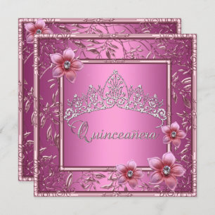 Convite 15 de Quinceanera, cor-de-rosa, Tiara, rosa