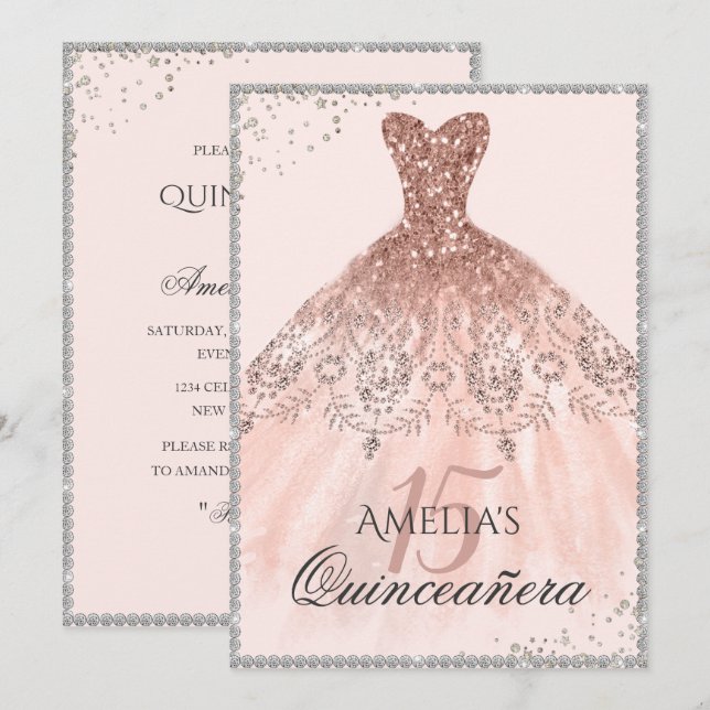 Convite 15 de Quinceanera de Rosa Dourado de Vestido de Pr (Frente/Verso)