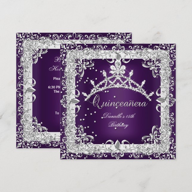 Convite 15 de Quinceanera, Festa de aniversário, Prata (Frente/Verso)
