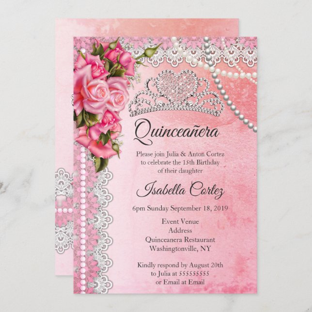Convite 15 de Quinceanera, Festas de aniversário, Rosas Ro (Frente/Verso)