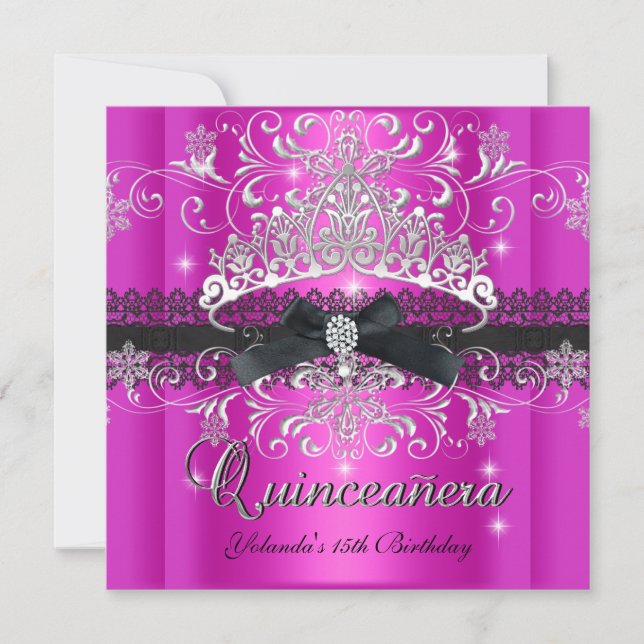 Convite 15 de Quinceanera Gliteira Rosa Quente Tiara Silve (Frente)