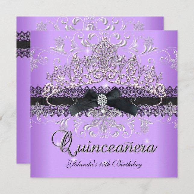 Convite 15 de Quinceanera Glitter Roxo Tiara Arco Preto (Frente/Verso)