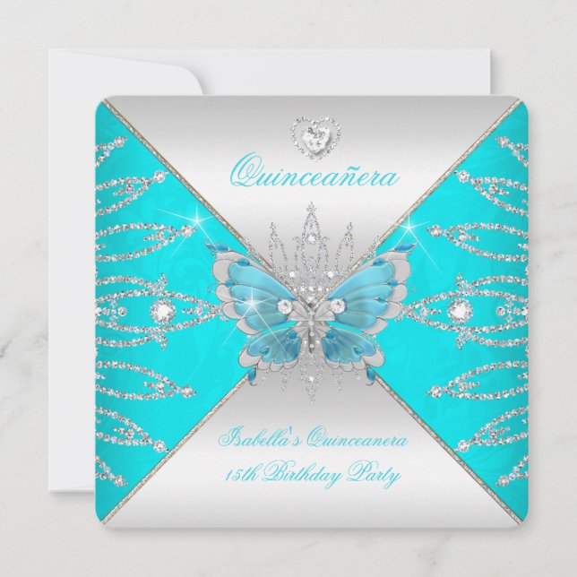 Convite 15 de Quinceanera Teal Blue Silver Butterfly Tiara (Frente)
