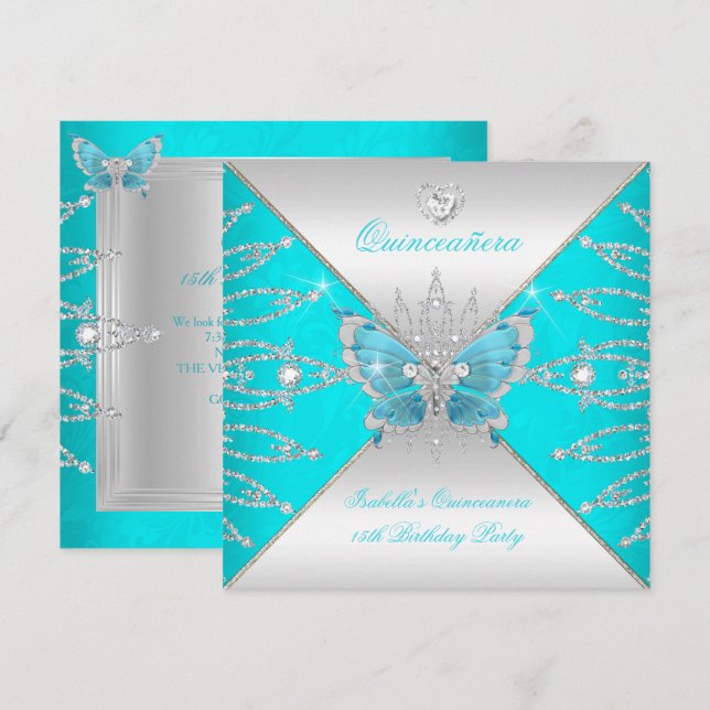 Convite 15 de Quinceanera Teal Blue Silver Butterfly Tiara (Frente/Verso)