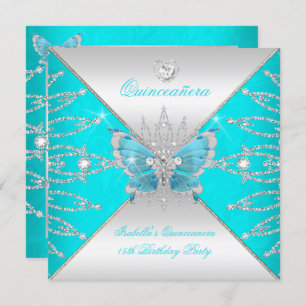 Convite 15 de Quinceanera Teal Blue Silver Butterfly Tiara
