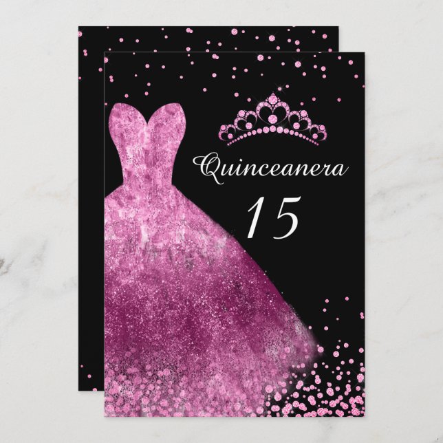 Convite 15 de Vestido Rosa e Quinceanera Negra (Frente/Verso)