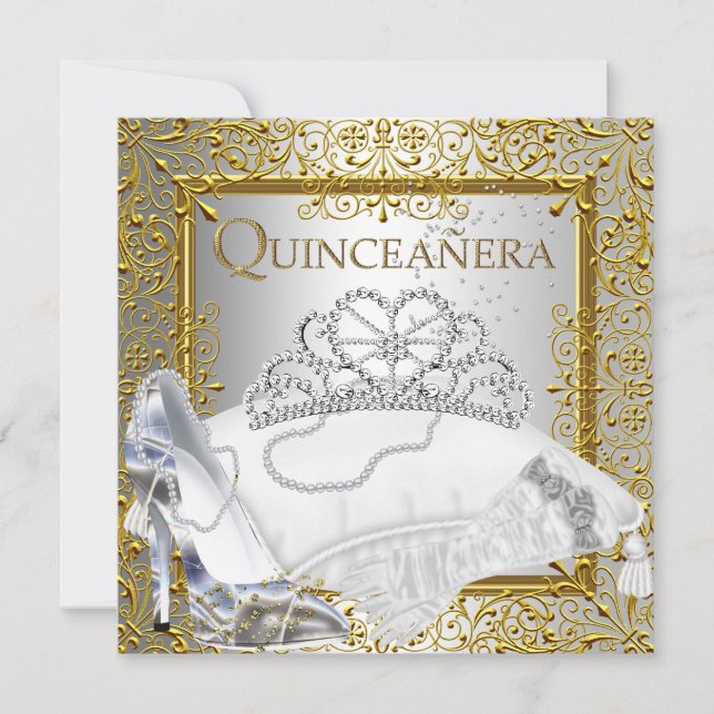 Convite 15 do Quinceanera, Dourado Glitter Silver (Frente)