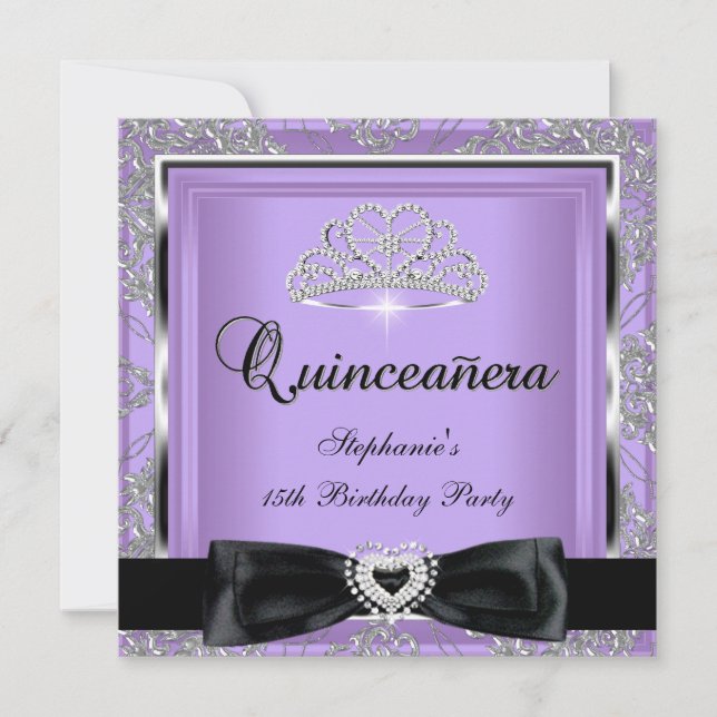 Convite 15 do Quinceanera Lilac Damask Silver Black (Frente)