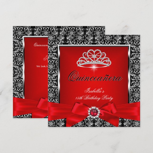 Convite 15 do Quinceanera Partido Red Damasco Silver Black (Frente/Verso)