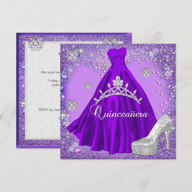Convite 15 do Quinceanera Purple Tiara Calçado (Frente/Verso)