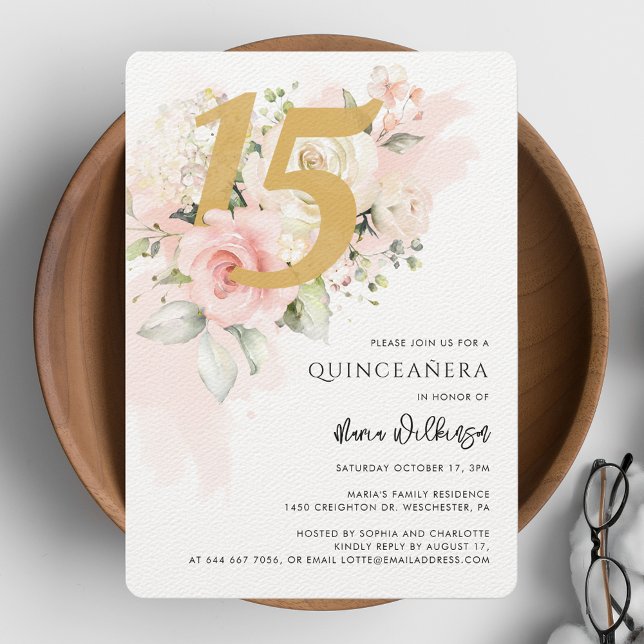 Convite 15 Floral Birthday Quinceanera Watercolor (Quinceanera 15th Birthday Party Floral Invitation)