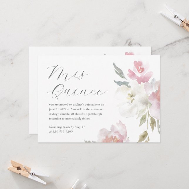 Convite 15 Floral Rosa bonito - Foto de Quinceañera (Frente/Verso In Situ)