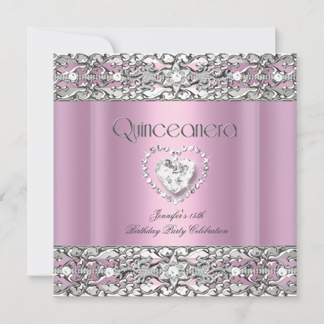 Convite 15 Quinceanera Festa de aniversário Prata Rosa (Frente)