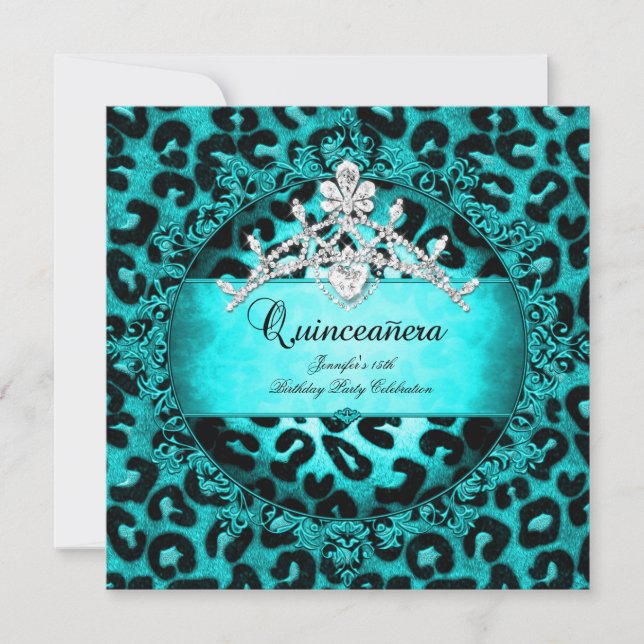 Convite 15 Quinceanera Leopard azul-teta Tiara (Frente)