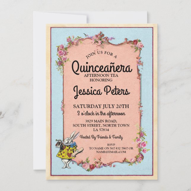 Convite 15 Quinceanera Party Wonderland Rabbit Invite (Frente)