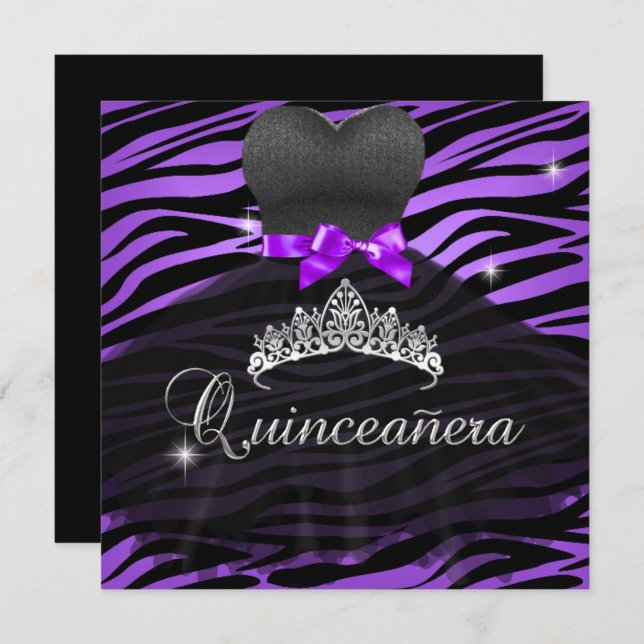 Convite 15 Roxo de Quinceanera Tiara Zebra (Frente/Verso)